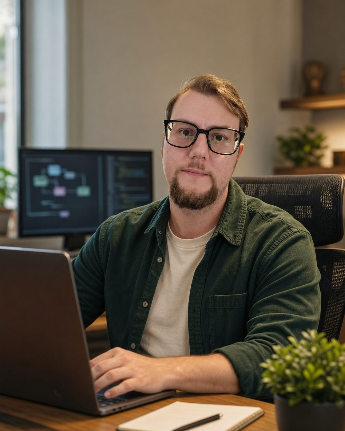Josh Bickmeyer working at a laptop in a modern data workspace